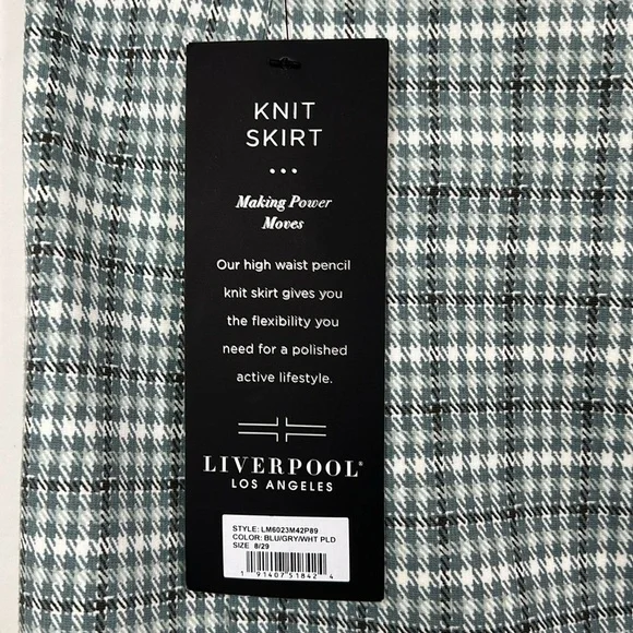 NWT Liverpool Bia Knit Pencil Skirt Herringbone Plaid Blue Gray White 8 - Picture 4 of 11